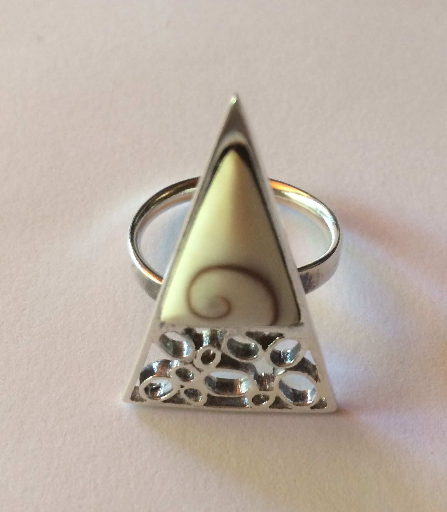Organic silver ring with shell inlay.Adjustable