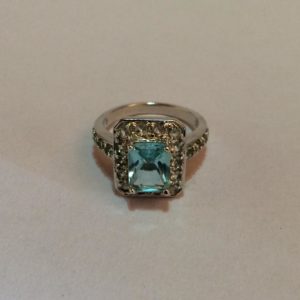 Silver, Aquamarine & cubic zirconia halo ring Size: P / 7 3/4